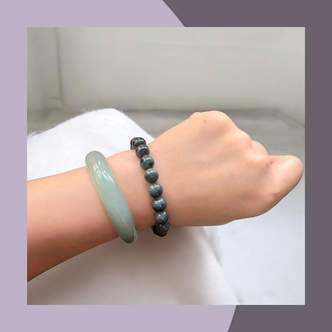 Green Black Jadeite Beaded Bracelet | Natural Burmese Jadeite M03815