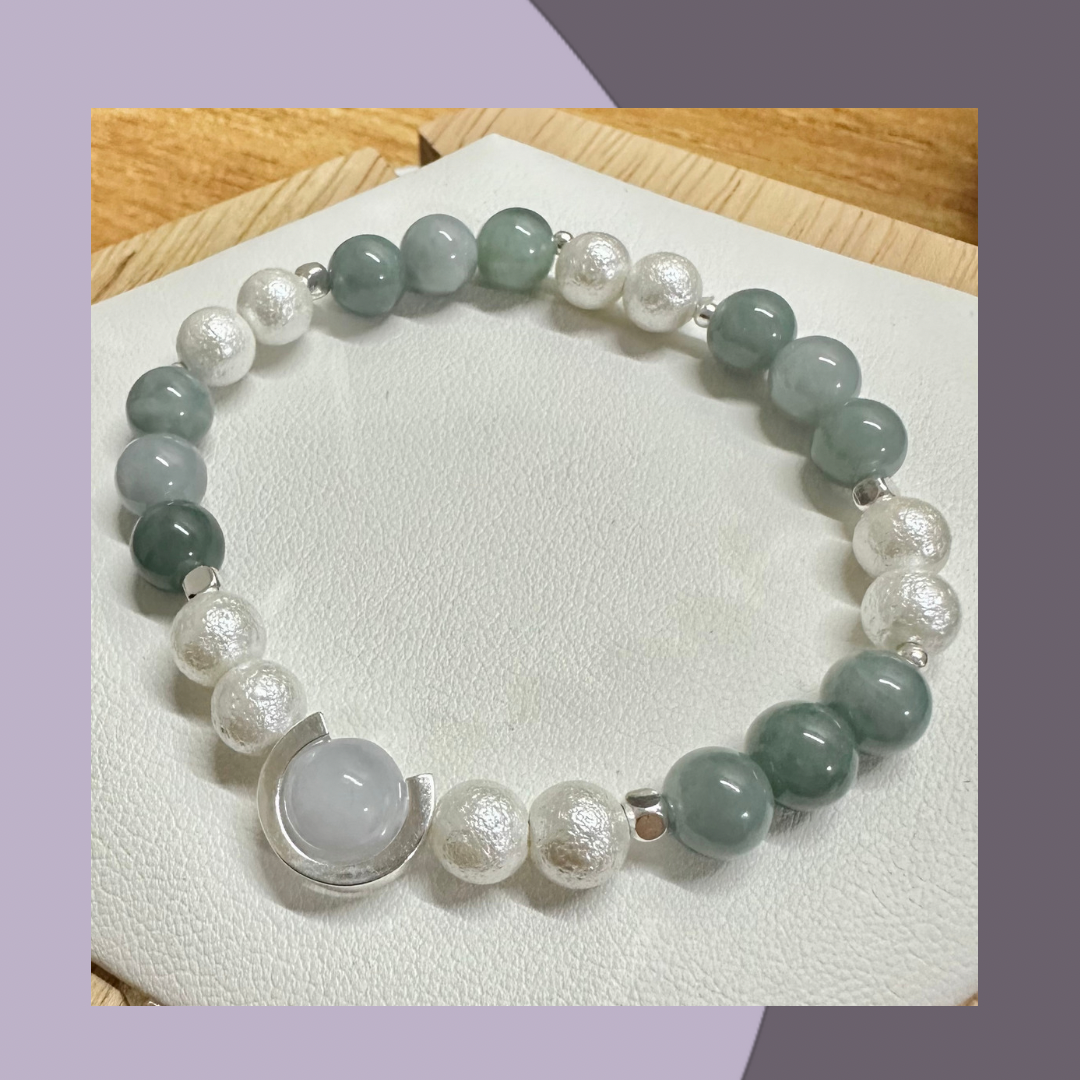 紫翡翠單珠藍綠翡翠珠白棉珍珠翡翠手串 · 天然翡翠A貨 | M03414