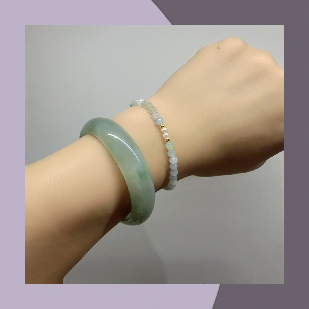 <自家系列> 清新色系多寶翡翠配珍珠手串•天然緬甸翡翠 |M03009