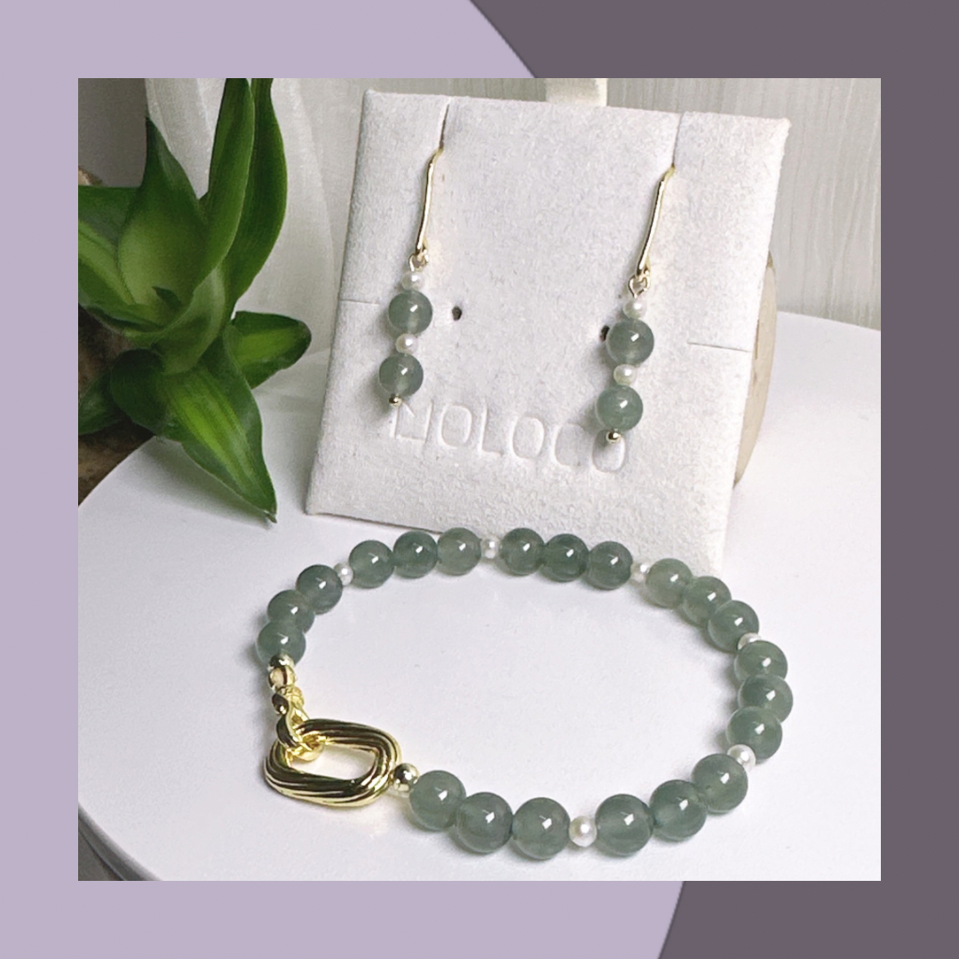 高冰綠翡翠+珍珠小米珠套裝·天然翡翠A玉 | M05808