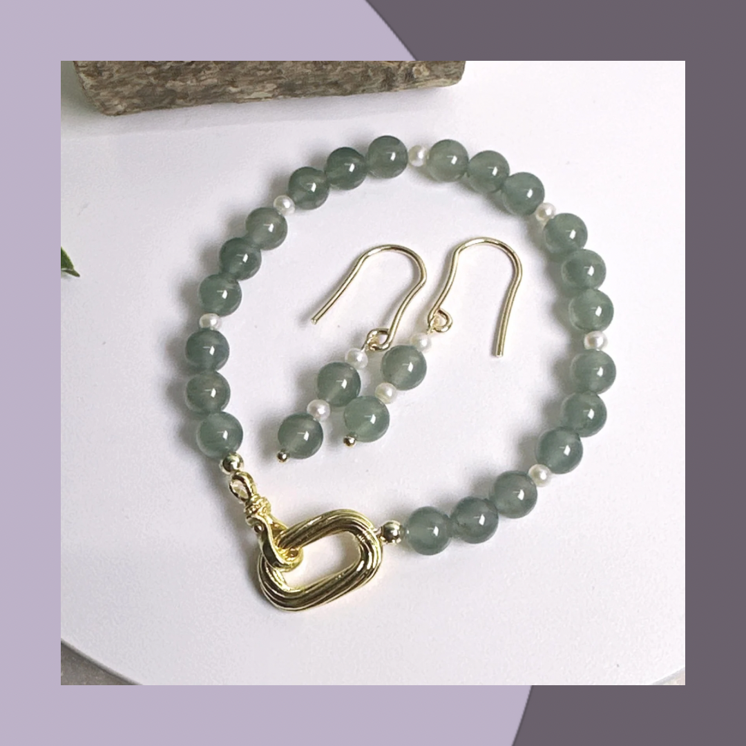 高冰綠翡翠+珍珠小米珠套裝·天然翡翠A玉 | M05808
