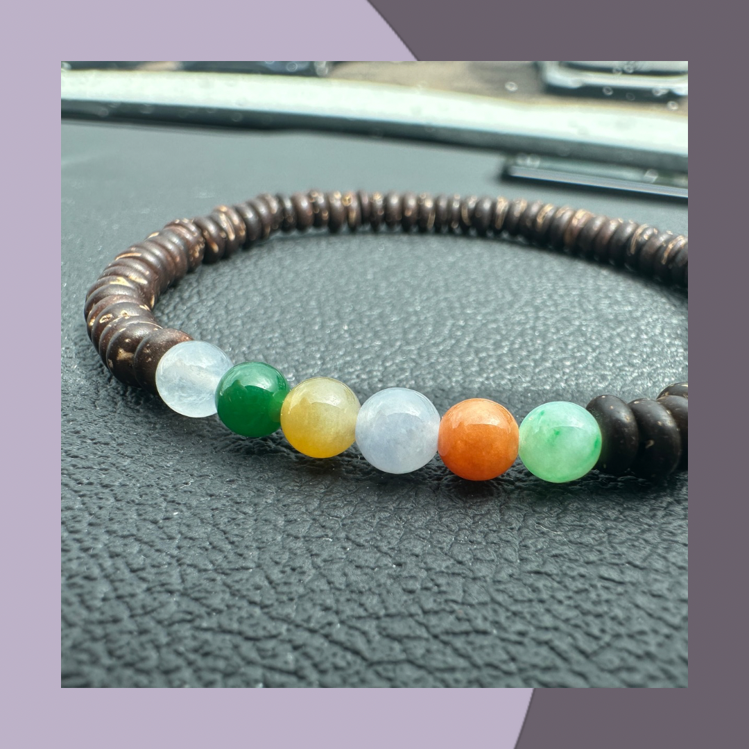 彩虹色系翡翠手串（配木珠) · 天然緬甸翡翠｜ M03017