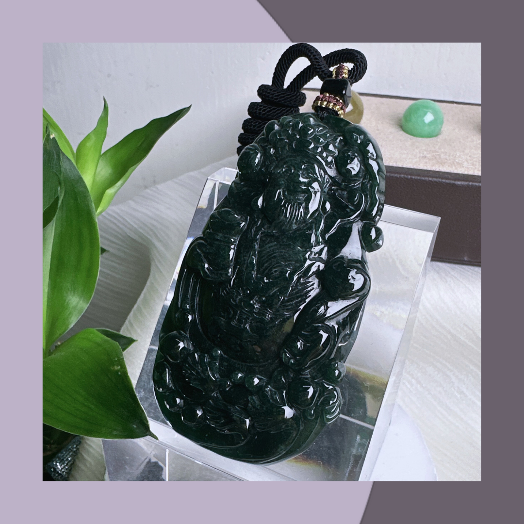 藍水財神爺爺翡翠牌掛繩 · 天然緬甸翡翠｜ M014148