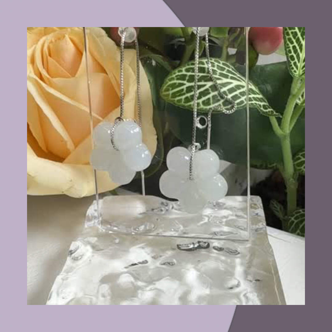 Flower-shaped white jade earrings·Natural Burmese jade | M05902