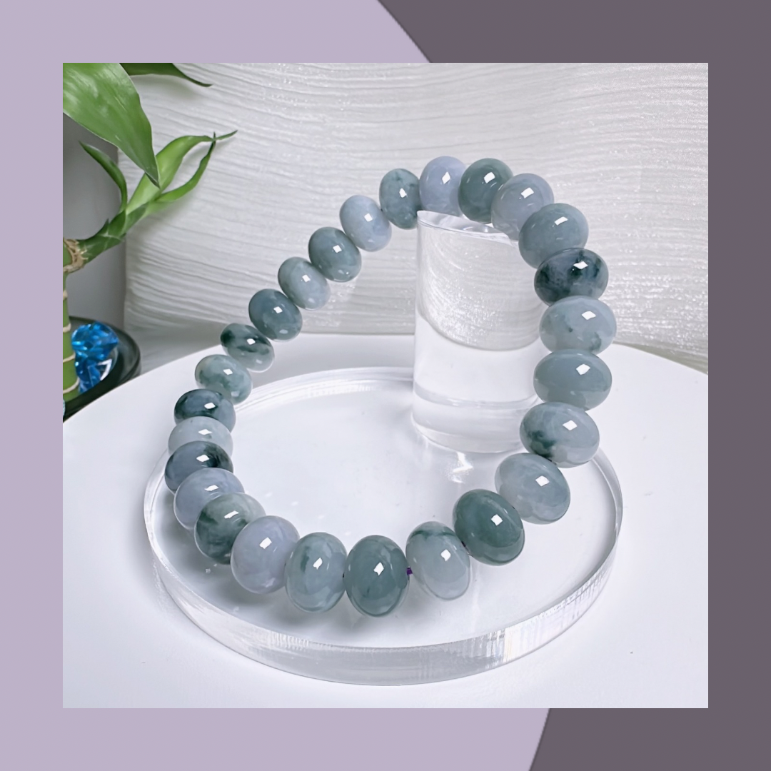 紫底飄花翡翠鼓珠手串 •天然緬甸翡翠| M02719