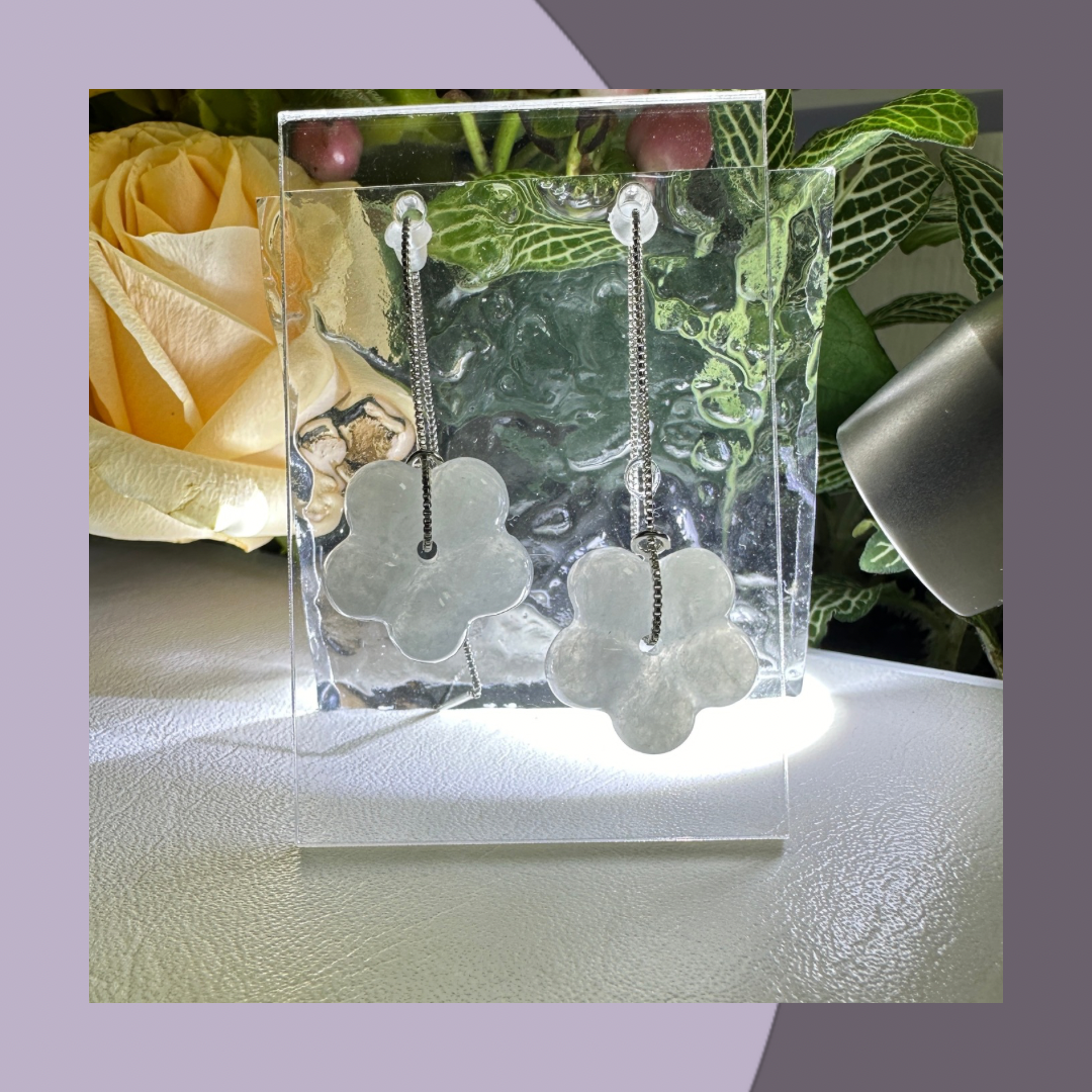 Flower-shaped white jade earrings·Natural Burmese jade | M05902