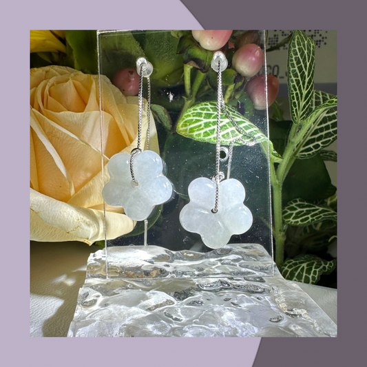 Flower-shaped white jade earrings·Natural Burmese jade | M05902