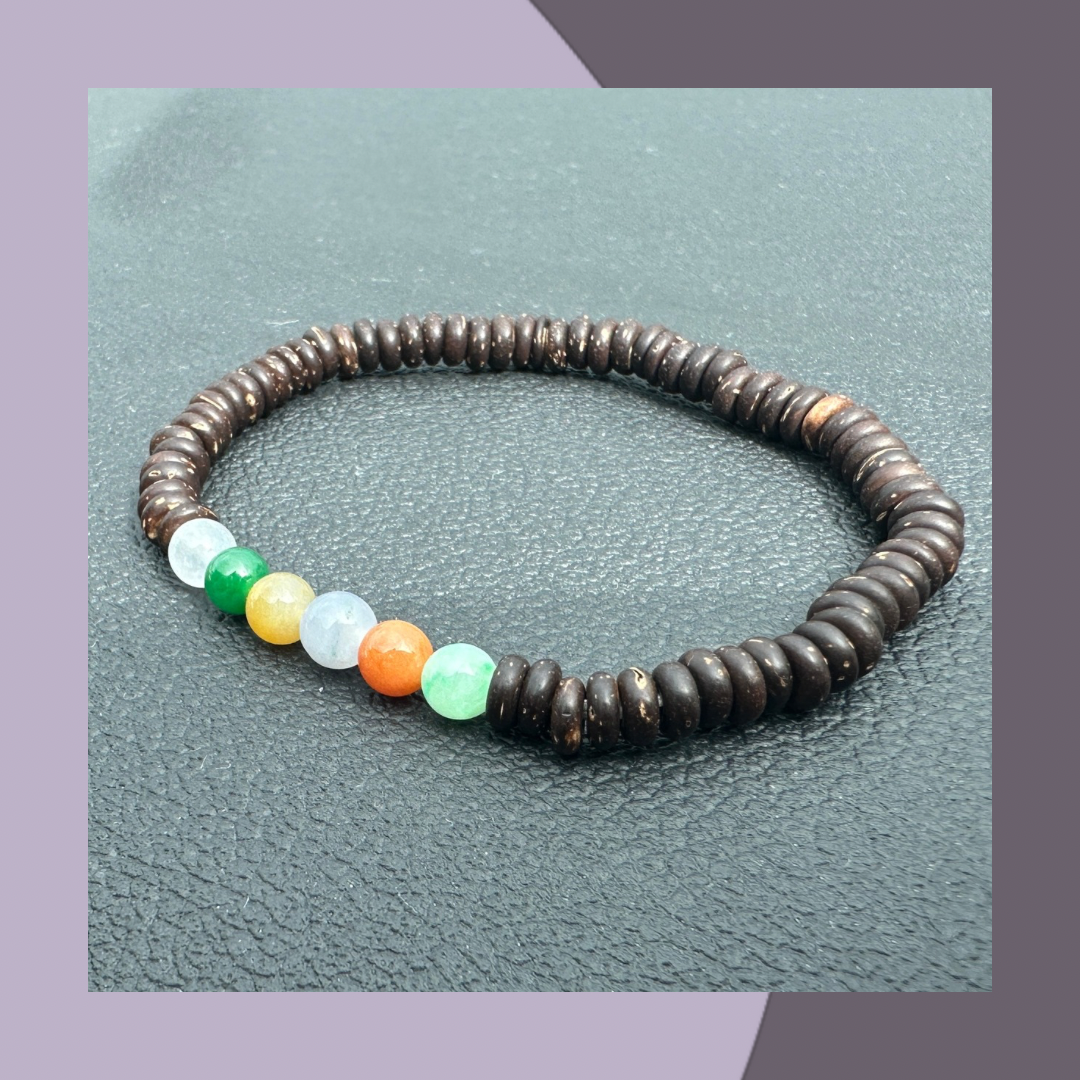 彩虹色系翡翠手串（配木珠) · 天然緬甸翡翠｜ M03017