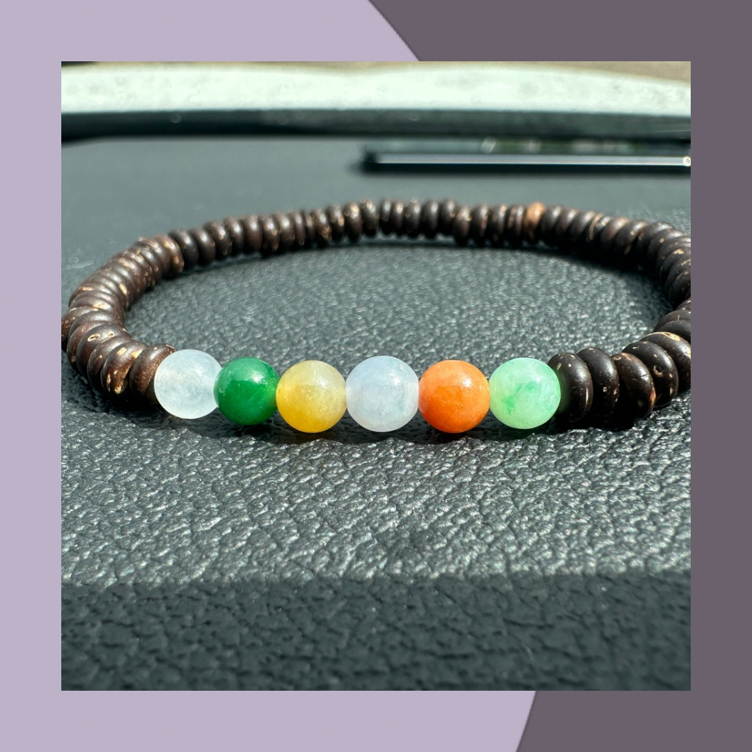 彩虹色系翡翠手串（配木珠) · 天然緬甸翡翠｜ M03017