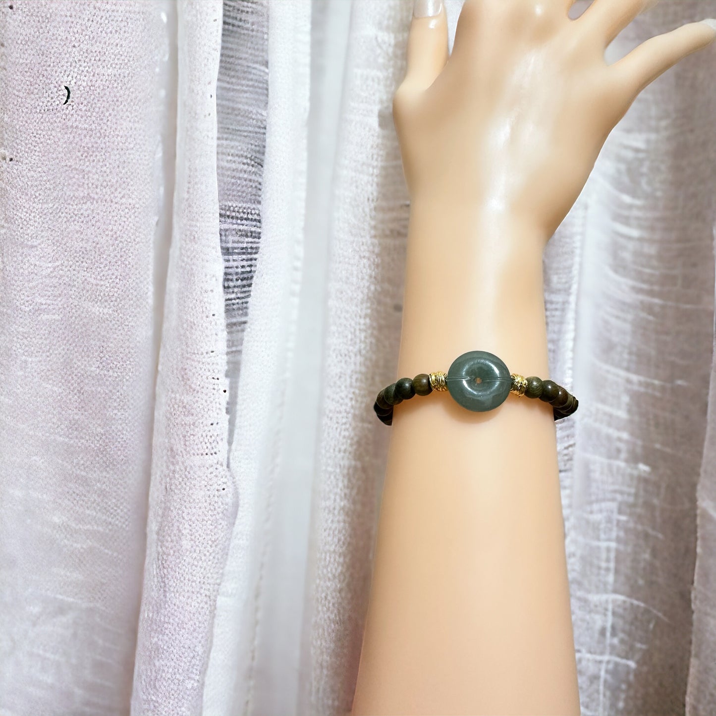 "⭐️Homemade product" Green Ping An Buckle Jade + Green Sandalwood Jade Bracelet | Natural Burmese Jade M03420