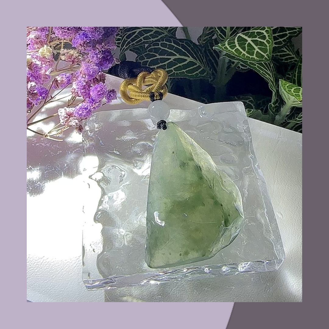 Ice green floating rough stone 🪨 pendant neck cord·Natural Burmese jade｜M01494