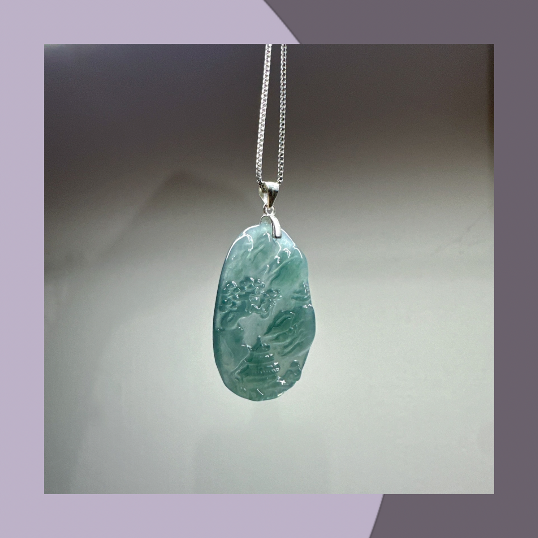 Bingwei Blue Landscape Brand Necklace·Natural Burmese Jade | M01460