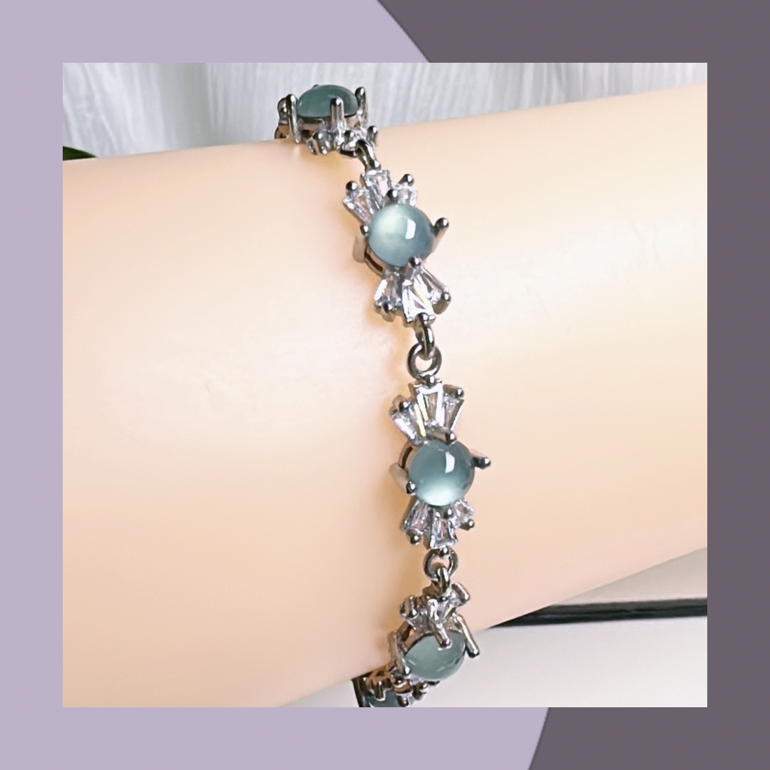💎冰藍蛋面鋯石銀手鏈 | 天然翡翠A玉 M05502
