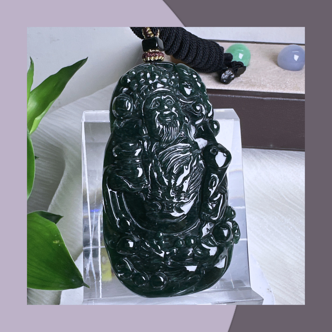 藍水財神爺爺翡翠牌掛繩 · 天然緬甸翡翠｜ M014148