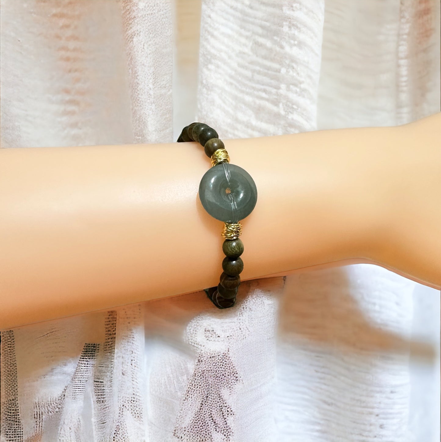 "⭐️Homemade product" Green Ping An Buckle Jade + Green Sandalwood Jade Bracelet | Natural Burmese Jade M03420