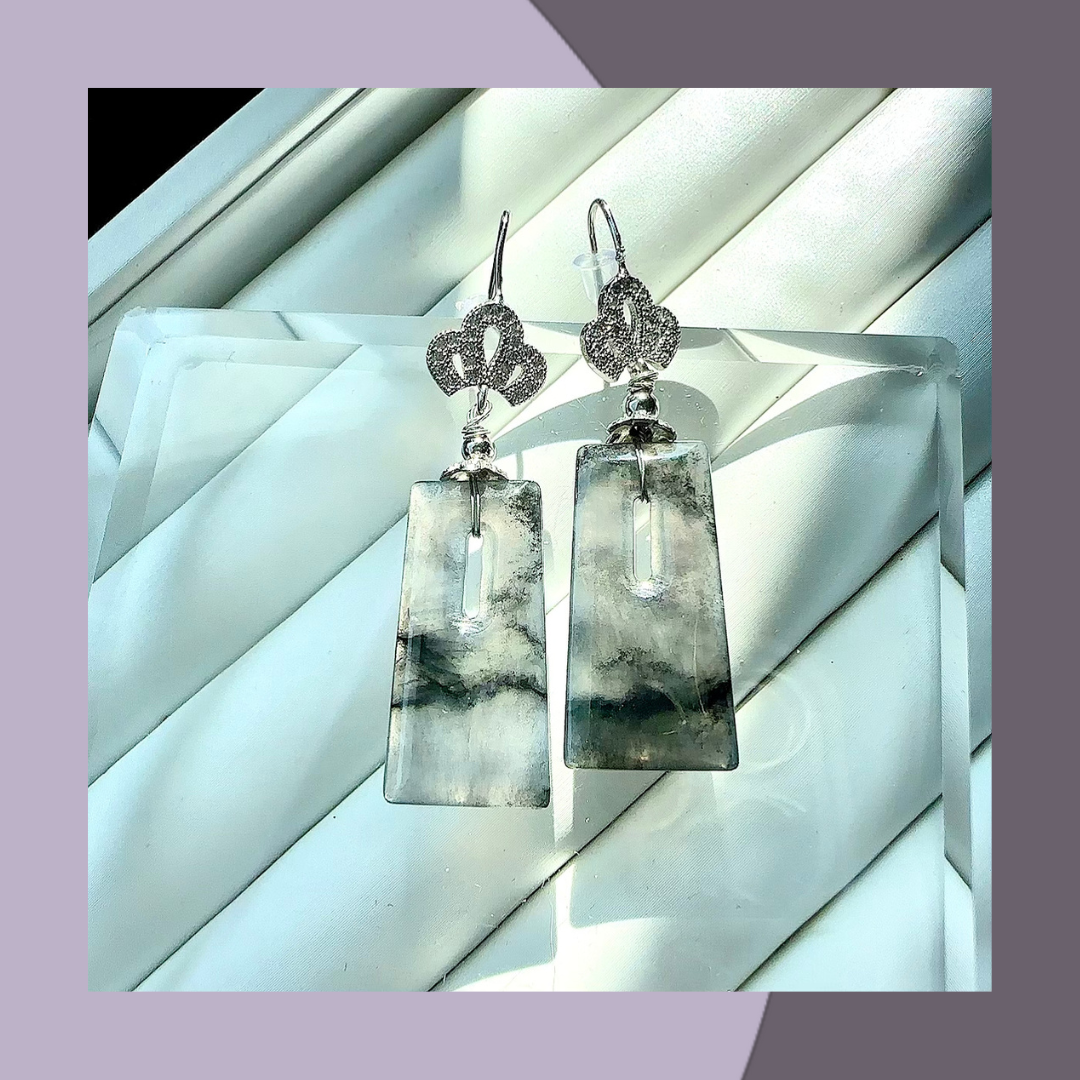 Ice black chicken square brand jade earrings. Natural Burmese Jade | M014112