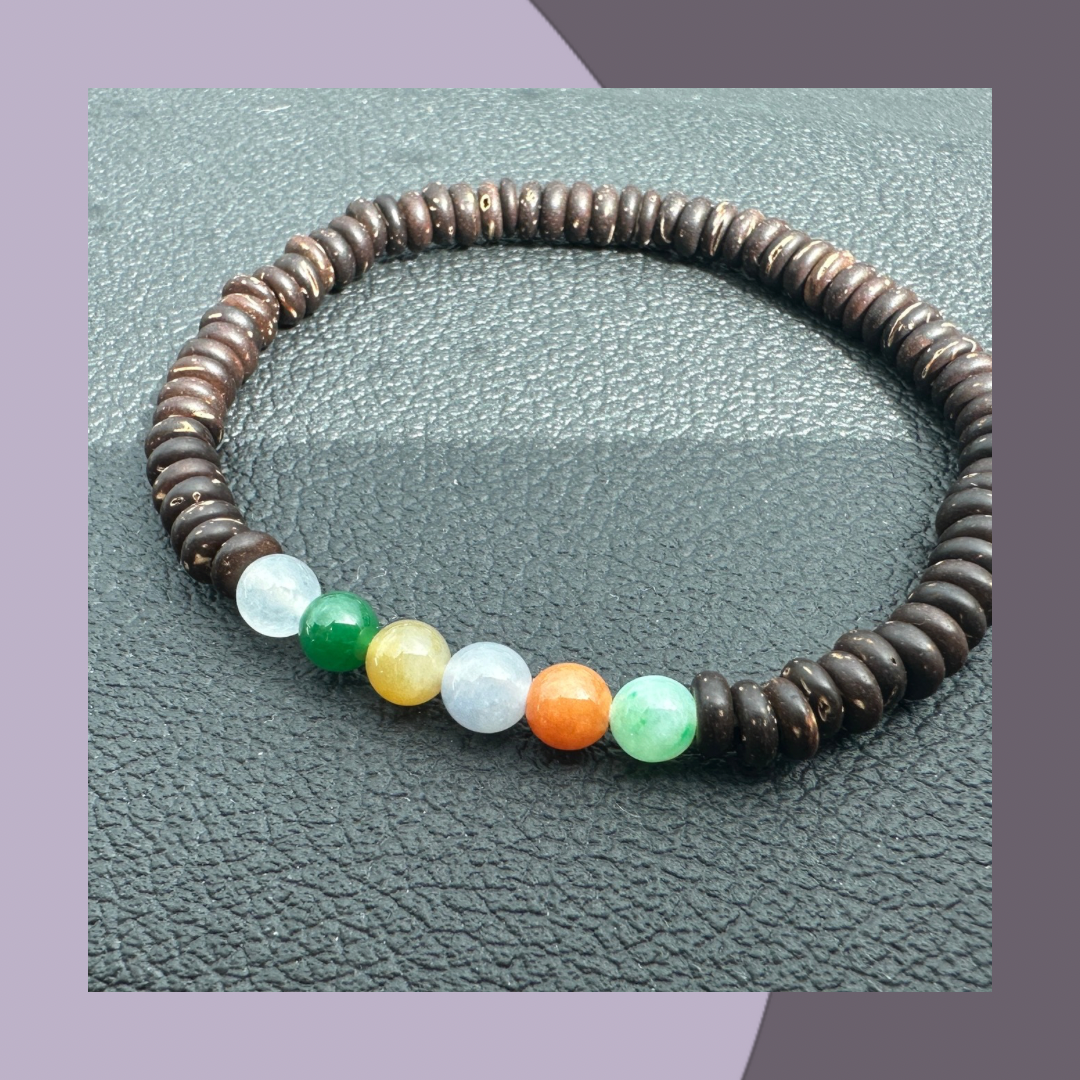 彩虹色系翡翠手串（配木珠) · 天然緬甸翡翠｜ M03017