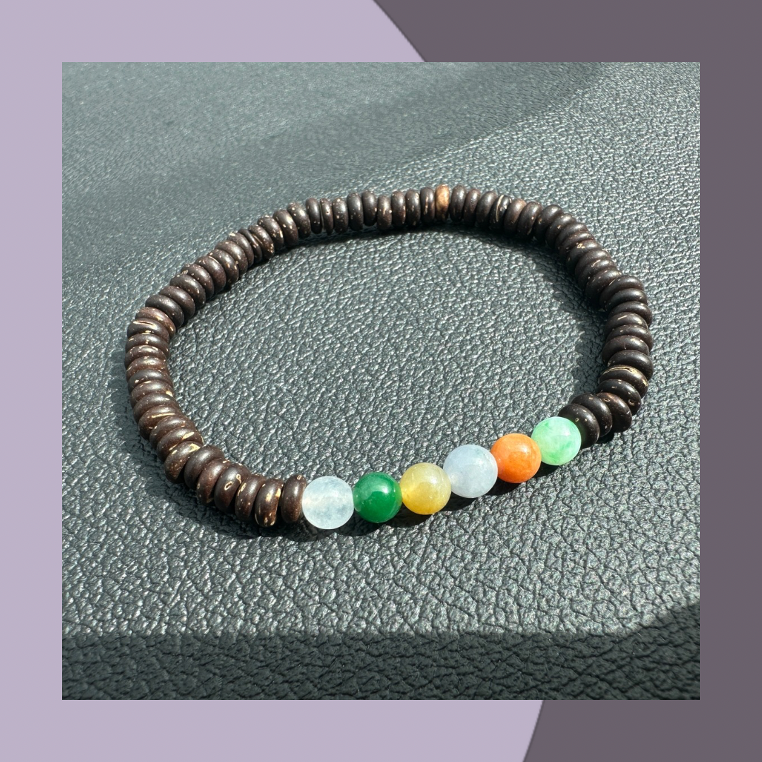 彩虹色系翡翠手串（配木珠) · 天然緬甸翡翠｜ M03017