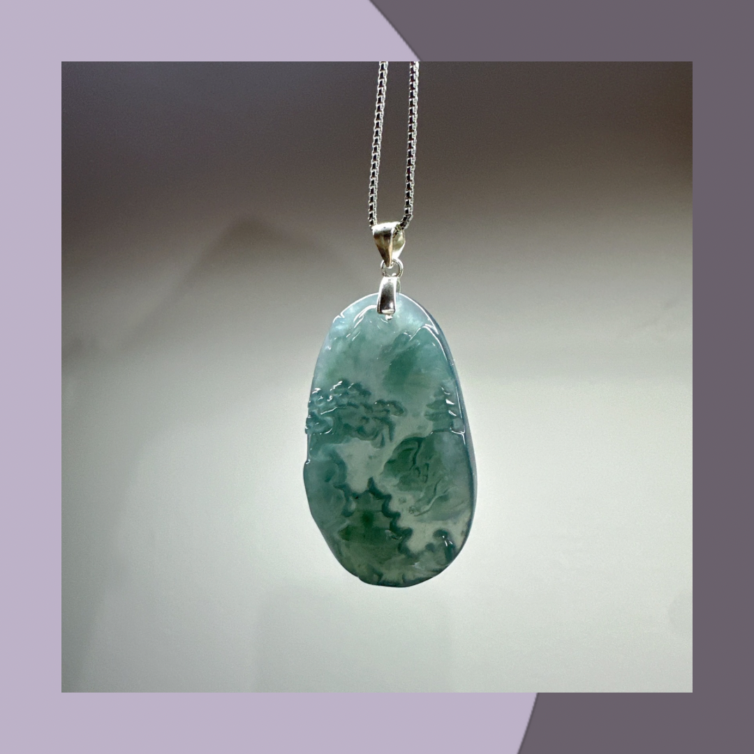 Bingwei Blue Landscape Brand Necklace·Natural Burmese Jade | M01460